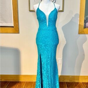 La Femme Turquoise Backless Lace Dress